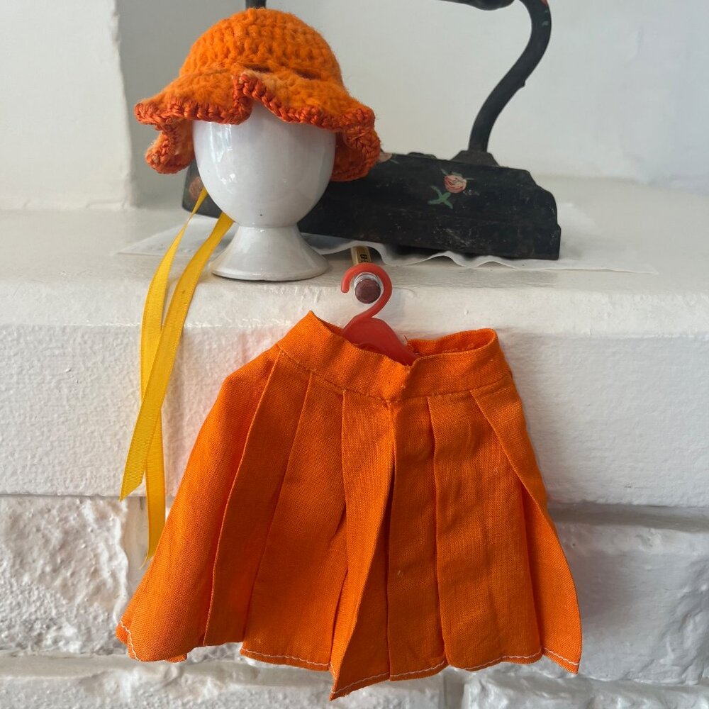 Vintage Orange Pleated Doll Skirt w/ Matching Crocheted Bonnet MCM